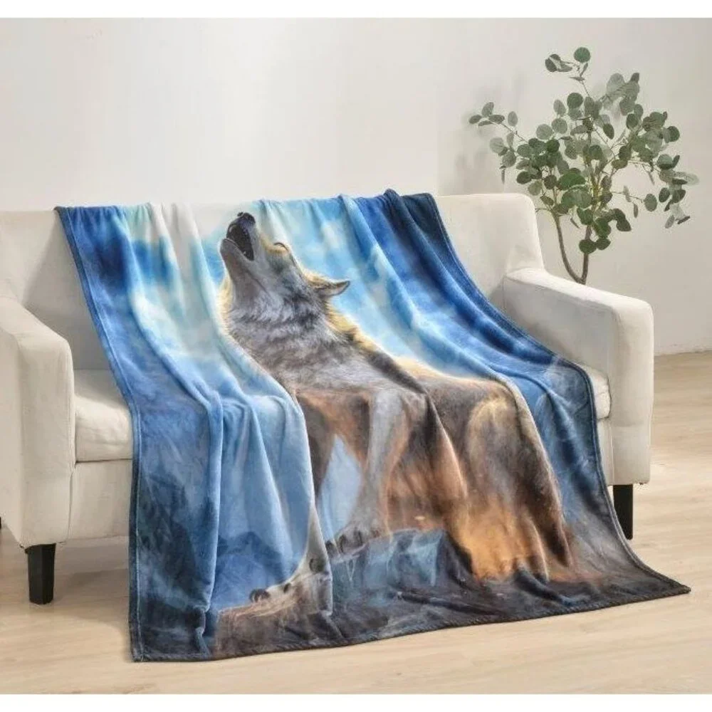 New White Lone Wolf Plush Throw Blanket Gift Full Moon Clouds Night Howl Howling